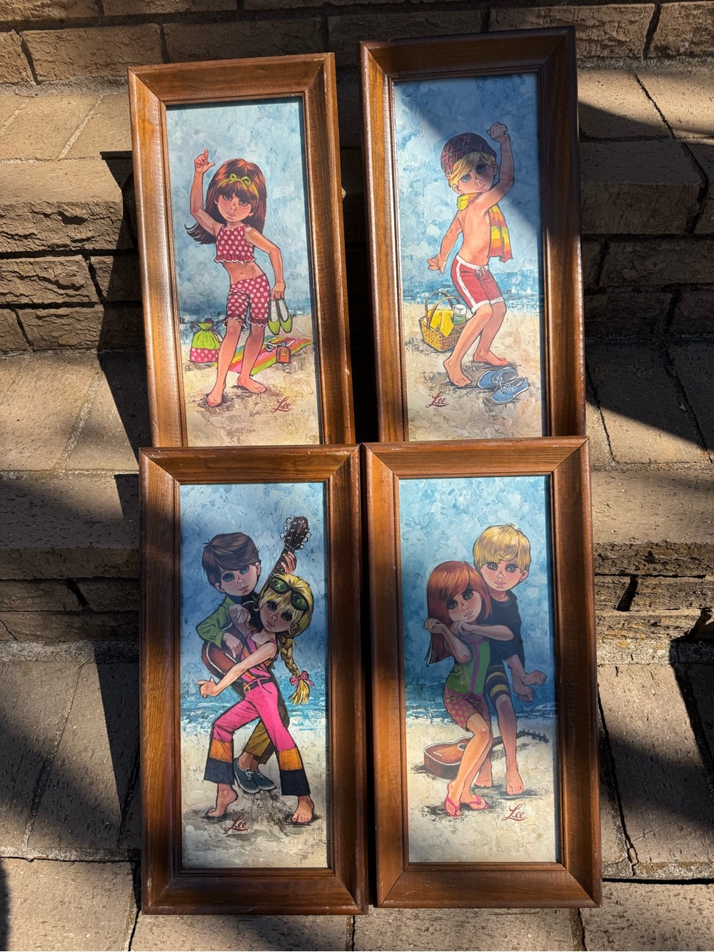 Vintage ** WIDE EYED BY LEE **Beach Kids Wall Art Set - Brown Frames